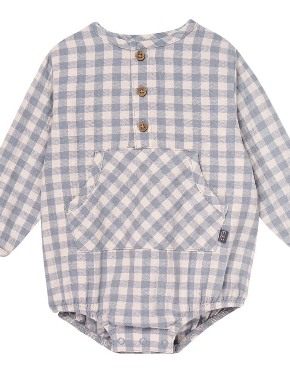 ☀️Gingham Long-Sleeve One-Piece Bodysuit in Light Blue and Cream